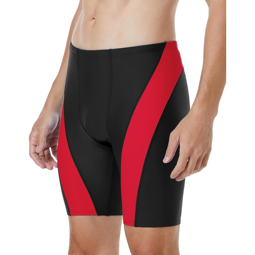 image:imageRunhit Mens Swim Jammers Competitive Swim Racing Team Swimsuit Quick Dry Athletic Swimming Shorts UPF 50Black and Red Splicing